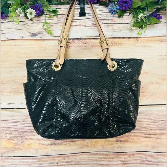Michael Kors Handbags - Michael KORS Women’s Black Python Embossed Patent Leather Shoulder Bag Tote